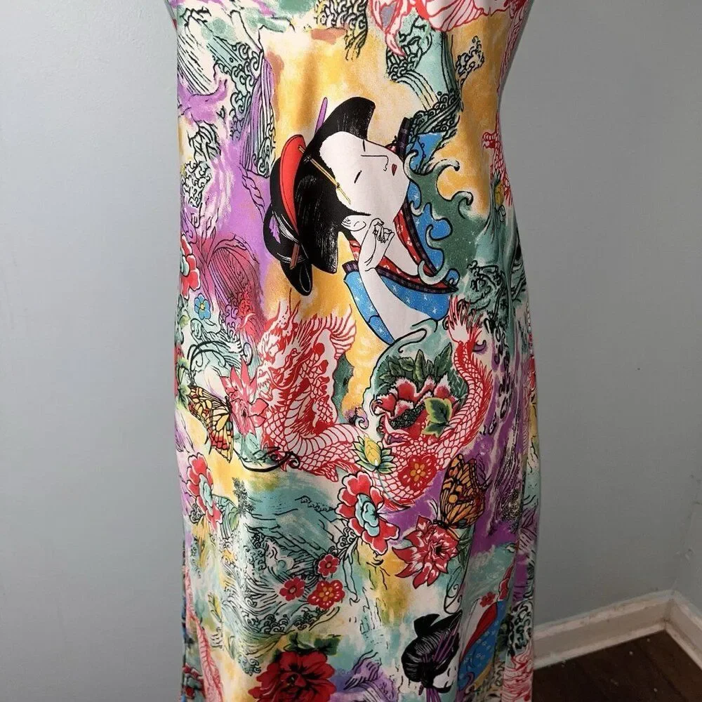 NATORI Iconic vintage GORGEOUS bias satin slip dress nightgown Geisha dragon S